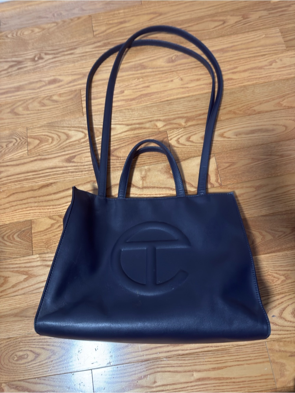 Telfar Navy Leather Medium Shopping Tote with Embossed Logo